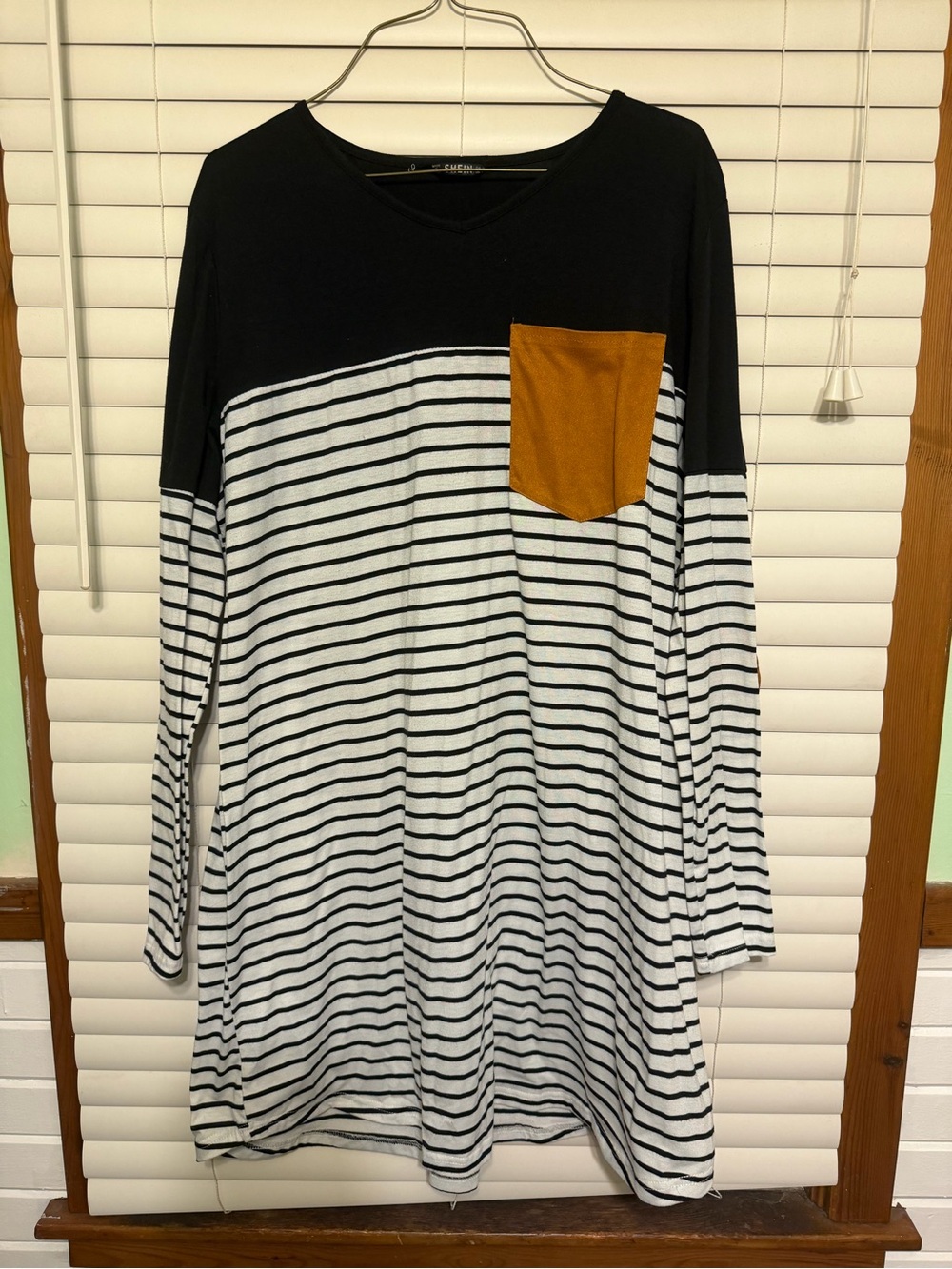 SHEIN Black Top Striped Long-Sleeve Dress with Tan Pocket